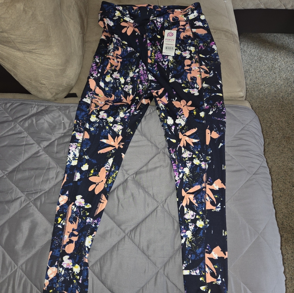 Popfit Blue Peach Floral Print Stella High Rise Leggings with Pockets X-Large